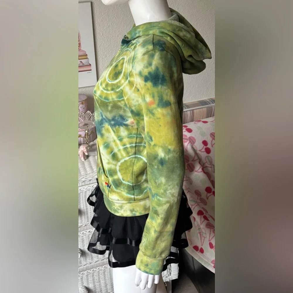 Aviator Nation Junior Kids Zipper Hoodie Tie Dye in Lime Yellow Unisex Size 14